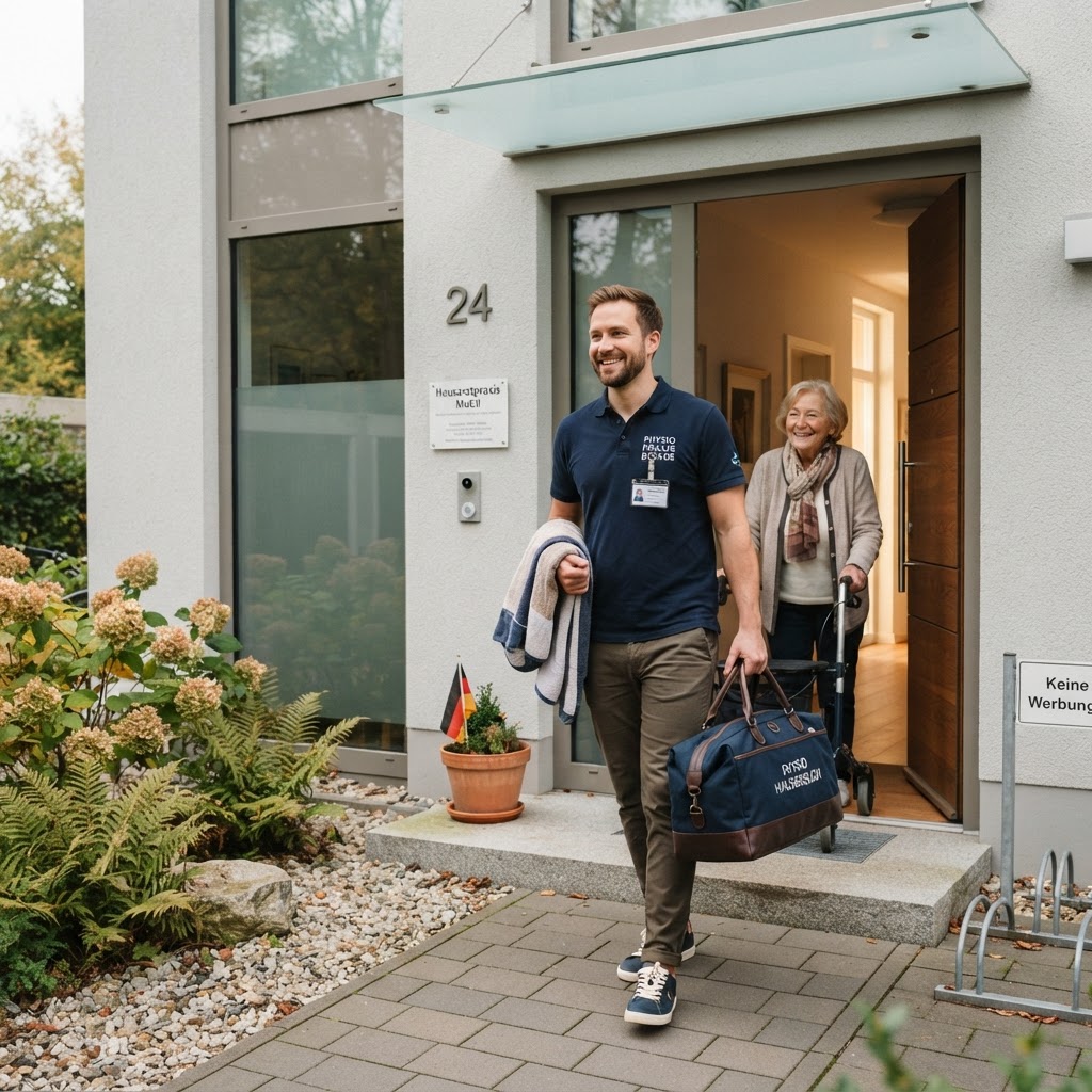 Physiotherapeut mit Tasche auf dem Weg zum Hausbesuch